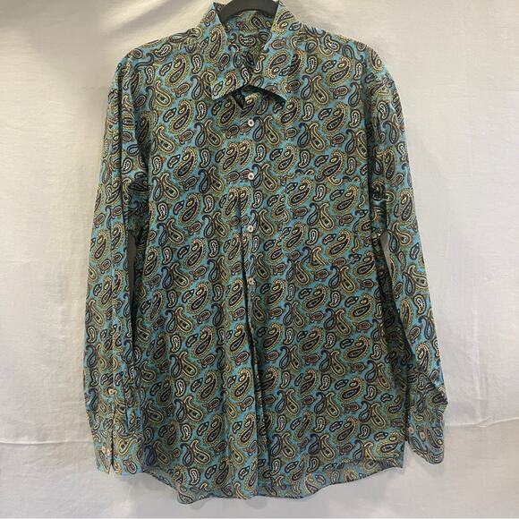 Alan Flusser Blue Paisley Shirt Mens Large Button Down Retro Elegant Futuristic - Picture 1 of 7